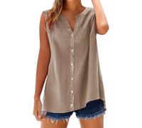 Generisch Blusenshirt Damen Sommer Ärmellose Leinenbluse Elegante Knöpfen V-Ausschnitt Einfarbig Baumwolle Leinen Tank Top Grosse Grössen Longbluse für Strand