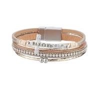 Generisch Böhmisches Kreuz Mehrschichtarmband für Damen Mehrschichtiges Lederarmband mit Strass Perlen Wickelarmreifen mit Magnetschnalle Glaubensarmbänder für Herren Schmuckgeschenke Khaki 19 5 Cm