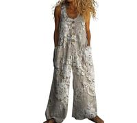 Generisch Boho Latzhose Damen, Floraler Jumpsuit Sommer 2026, Ärmellos Weite Beine Lockere Passform, Große Größen Lässig für Strand Gartenarbeit Urlaub(Khaki,XL)