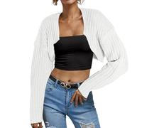 Generisch Bolero Damen Festlich Elegante Langarm Strickjacke Vorne Offen Dirndl Kurze Abendkleider Schulterjacke Jäckchen Shrug Cardigan Urbane Modefrau Abendkleid Y2K Jacke Damen Weiß S