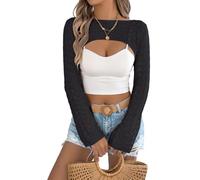 Generisch Bolero Damen Festlich,Kurzer Pullover für Damen Y2K Gehäkeltes Netz Strick Crop Top Lange Ärmel Durchsichtiger Strickpullover Sommer Strand Überzüge Schwarz L