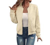 Generisch Bomberjacke Damen Blouson Sommerjacke Leichte Reißverschluss Sweatjacke Kurz Pilotenjacke Einfarbig Jacke Elegant Rundhals Dünne Übergangsjacke College Jacket MäDchen Fliegerjacke Beige,L