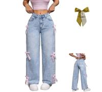 Generisch Bow Jeans for Girls Wide Leg Denim Pants,Bowknot Embroidery Baggy Trouser,Cute High Elastic Casual Y2k Streetwear with Pocket