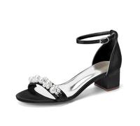 Generisch Brautschuhe Damen Hochzeitsschuhe Satin Sandalen mit Perlen Blockabsatz 4,5 cm Elegante Bridal Shoes Offene Hochzeitssandalen für Braut Party Abendmode,Schwarz,43 EU