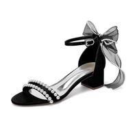 Generisch Brautschuhe Damen Hochzeitsschuhe Satin Sandalen mit Schleife und Perlen Blockabsatz 4,5 cm Elegante Bridal Shoes Offene Hochzeitssandalen,Schwarz,36 EU