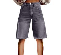 Generisch Caprihose Damen 3/4 Jeanshose Baggy Jeansshorts Retro Sommer Denim Hose High Waist Jeanshorts Freizeithose Streetwear