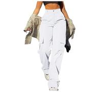 Generisch Cargohose Damen Baggy Weite Hosen Y2K Teenager Mädchen Multi Taschen High Waist Stretch Wanderhose Sport Jogginghose Wanderhose Outdoorhose Trekkinghose Cargo Parachute Pants Streetwear