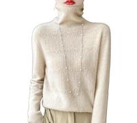 Generisch Cashmere Jumpers for Women Turtleneck Sweaters Soft Warm Graphic Crochet Sweaters Ladies Long Sleeve Rhinestone Merino Wool Pullover Tops Beige XXL