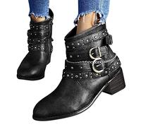 Generisch Chelsea Boots Damen, Biker Boots Damen Leder Bikerboots Mit Absatz Cowboy Stiefeletten Festival Lederstiefel Western Schlupfstiefel Chelsea Cowboystiefel, Black, 37