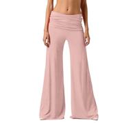 Generisch Coral Fold-Over-Yogahose Damen Weite Lounge Raffung Hose Einfarbige Wide-Leg-Pants Korallfarbene Faltenhose mit Hohem Umschlagbund für Yoga Sport und Alltag