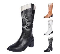 Generisch Cowboy Boots Elegant Keilabsatz Spitze Cowboystiefel Bequem Gefüttert Breite Fuße Weitschaftstiefel Mode Leather Dicke rutschfest Westernstiefel Cowboy Kleid Damen Schwarz 42