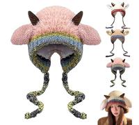 Generisch Creative Antler Hat & Bag 2-in-1, Foldable Reindeer Knitted Winter Beanie Handbag for Women & Men (Pink)