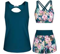 Generisch Damen 3-teiliger Tankini mit Bauchweg Push-up Bikinioberteil & High Waist Badeshorts, sportlicher Badeanzug für Schwimmbad & Strand, bequeme Bademode