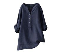 Generisch Damen Bluse 3/4 Ärmel Baumwolle Leinenbluse V-Ausschnitt Button Down Oberteile Große Größen Leinen Casual Locker Tunika Hemd Elegante Leicht Atmungsaktive Leinenhemd Aufrollbare Marine XL