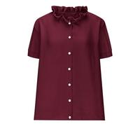 Generisch Damen Bluse mit Rüschenkragen 2026, Kurzarm Button-Down Hemd, Vintage Western Chambray Hemd Baumwolle Leinen, Lässige Sommer Tops Für Country Konzerte(Burgundy,M)