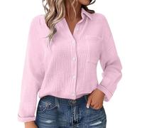 Generisch Damen Bluse Sommer Elegant Baumwolle Frühling Einfarbiges Baumwoll-Leinen-Mischgewebe Mit Falten Gürteltasche Lockerem Schnitt Langen Ärmeln Oversized T Shirt Oberteil T-Shirt Shirts Rosa L