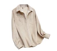 Generisch Damen Blusen Langarmhemd für Damen, Cordhemd mit Knopfleiste, für Den Winter, Warmes Revers, Gebürstetes Futter, Einfarbige Hemdbluse mit Taschen, Leichte, Bequeme Jacken, Khaki, L