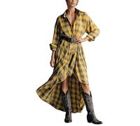Generisch Damen Blusenkleid Lang Kariert Langarmkleid Baumwolle Vintage Maxikleid mit Gürtel Karohemd Hemdblusenkleid Baggy Fit Freizeitkleid Retro Klassisch Shirtkleid Karo Kleid