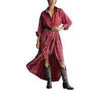 Generisch Damen Blusenkleid Lang Kariert Langarmkleid Baumwolle Vintage Maxikleid mit Gürtel Karohemd Hemdblusenkleid Baggy Fit Freizeitkleid Retro Klassisch Shirtkleid Karo Kleid