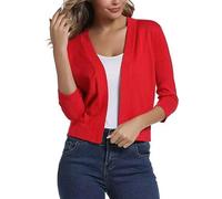 Generisch Damen Bolero Cardigan 3/4 Arm Sommerjacke Kurz Lässig Einfarbig Strickjacken Vorne Offen Elegant Festlich Shrug Schulterjacke Oberbekleidung Rot Xs