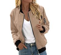 Generisch Damen Bomberjacke Frühling Sommer Reißverschluss Kurz Pilotenjacke Blouson Jacke Dünne Langarm Übergangsjacke College Jacke Mädchen Flieger A005 Khaki 3XL