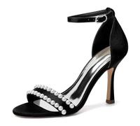 Generisch Damen Brautschuhe mit Perlen und Knöchelriemen, Elegante Hochzeitssandalen in Satinoptik mit 9,5 cm Stiletto Absatz,Schwarz,40 EU