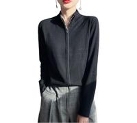 Generisch Damen Cardigan Aus 100 Merinowolle mit Doppeltem Reißverschluss Daumenlöchern und Langen Ärmeln Weicher Kaschmir Strickpullover Jacke Sweatshirt Schwarz Größe S