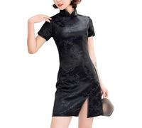Generisch Damen Cheongsam Minikleid Pflaumenblütenstickerei Gothic Abendkleid Seitenschlitz Elegantes Qipao Satin Kurzes Chinesisches Kleid für Cocktailparty Schwarz XL