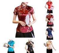 Generisch Damen Chinesisches Cheongsam Hemd, Kurzarm Mandarinkragen, Drache & Phönix Print, Ethnische Bluse Tops, Traditionelle Kleidung, Elegante Seide Optik, Festliche Asiatische Mode