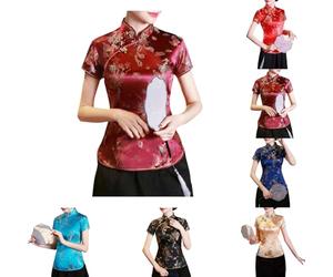 Generisch Damen Chinesisches Cheongsam Hemd, Kurzarm Mandarinkragen, Drache & Phönix Print, Ethnische Bluse Tops, Traditionelle Kleidung, Elegante Seide Optik, Festliche Asiatische Mode