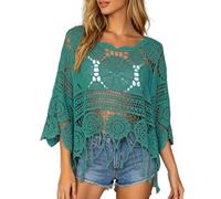 Generisch Damen Cover Up Strandtop Boho Häkeltop Langarm Oberteile Rundkragen Strandbluse Locker Bikini Cover Up Durchsichtig Blusenshirt Strandmode