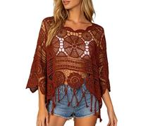 Generisch Damen Cover Up Strandtop Boho Häkeltop Langarm Oberteile Rundkragen Strandbluse Locker Bikini Cover Up Durchsichtig Blusenshirt Strandmode
