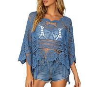 Generisch Damen Cover Up Strandtop Boho Häkeltop Langarm Oberteile Rundkragen Strandbluse Locker Bikini Cover Up Durchsichtig Blusenshirt Strandmode