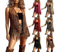 Generisch Damen Faux Wildleder Cowboy Weste Fransen Ethnische Hippie Westernjacke Ärmellos Cardigan Frauen Fransenweste Western Outfit Party Cosplay 60Er 70Er Kunstleder Karneval Kostüm Kaffee L