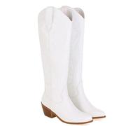 Generisch Damen Geschlossenem Rundzehen PU-Leder Lange Stiefel Zum Hineinschlüpfen Kniehohe Stiefel Blockabsatz Western-Cowboystiefel Mit Gestickten Verzierungen,White Velvet Lining,40 EU