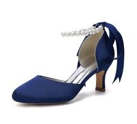 Generisch Damen Hochzeitsschuhe Mit Perlenriemen Und Schleife Elegante Brautschuhe Mit 6,5 cm Absatz Aus Kunstseide Für Hochzeit Feier Und Anlass,Dark Blue,39 EU