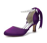 Generisch Damen Hochzeitsschuhe Mit Perlenriemen Und Schleife Elegante Brautschuhe Mit 6,5 cm Absatz Aus Kunstseide Für Hochzeit Feier Und Anlass,Dark Purple,36 EU