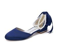 Generisch Damen Hochzeitsschuhe Satin Brautschuhe mit Perlenriemen und Schleife, Niedriger Blockabsatz 2,5 cm, Runde Spitze, Elegante Brautschuhe für Hochzeit,Dark Blue,38 EU