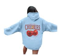 Generisch Damen Hoodie mit Kirschen Muster für modische Outfits lässige Freizeitaktivitäten, ideal für jeden Anlass, angenehmer (A3-Light Blue, S)