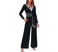 Generisch Damen Jumpsuit Eleganter Overall Weitem Bein Einteiler Festlicher Strampler Lamgarm Umlegekragen Onesie Casualanzug High Waist Freizeitanzug Tailliertes Winteranzug