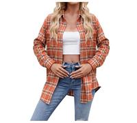 Generisch Damen Karierte Bluse Hemd Flanell Langarm Hemdbluse Casual Flanellhemd Karohemd Orange M