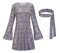 Generisch Damen Karneval 70er Jahre Hippie Disco Kleid Kopftuch Kleid Zweiteiliges Set (Purple, S)