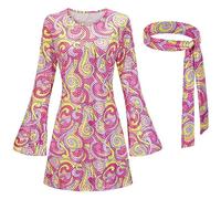 Generisch Damen Karneval 70er Jahre Hippie Disco Kleid Kopftuch Kleid Zweiteiliges Set (Red, L)