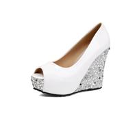 Generisch Damen Keilpumps Mit Pailletten Peep Toe Plateau Sommer Sandalen Metallic Lackleder Glitzer Keilabsatz Elegante Abendmode Party Schuhe,Weiß,37 EU