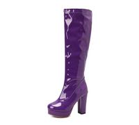 Generisch Damen Kniehohe Plateau Stiefel aus Lackleder-Optik, Hoher Blockabsatz, Runde Spitze, Reißverschluss, Fashion Boots für Alltag und Party