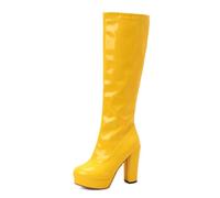 Generisch Damen Kniehohe Plateau Stiefel aus Lackleder-Optik, Hoher Blockabsatz, Runde Spitze, Reißverschluss, Fashion Boots für Alltag und Party