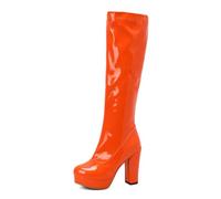 Generisch Damen Kniehohe Plateau Stiefel aus Lackleder-Optik, Hoher Blockabsatz, Runde Spitze, Reißverschluss, Fashion Boots für Alltag und Party