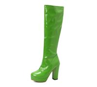 Generisch Damen Kniehohe Plateau Stiefel aus Lackleder-Optik, Hoher Blockabsatz, Runde Spitze, Reißverschluss, Fashion Boots für Alltag und Party