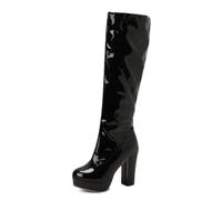Generisch Damen Kniehohe Plateau Stiefel aus Lackleder-Optik, Hoher Blockabsatz, Runde Spitze, Reißverschluss, Fashion Boots für Alltag und Party