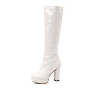 Generisch Damen Kniehohe Plateau Stiefel aus Lackleder-Optik, Hoher Blockabsatz, Runde Spitze, Reißverschluss, Fashion Boots für Alltag und Party